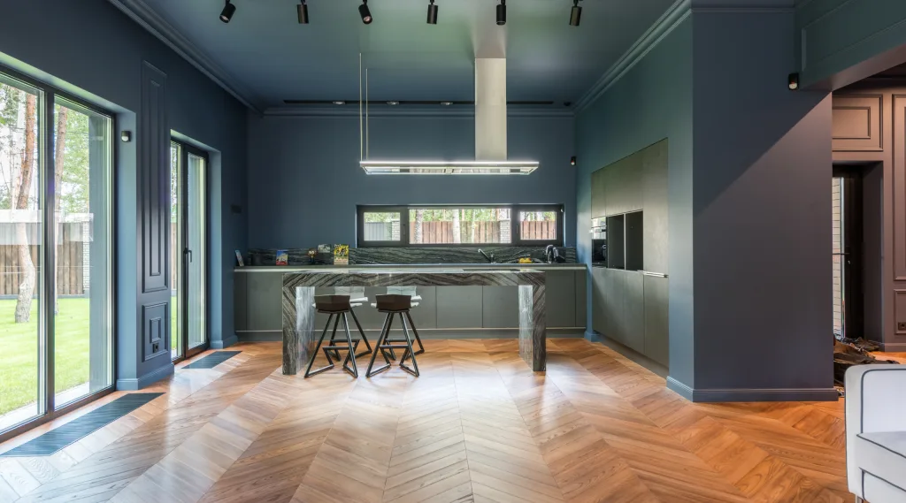 Gourmet Island Kitchen with Herringbone SPC Flooring